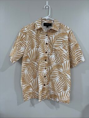 Lexbreezy Hawaii Mens aloha shirt brown tan palm leaves